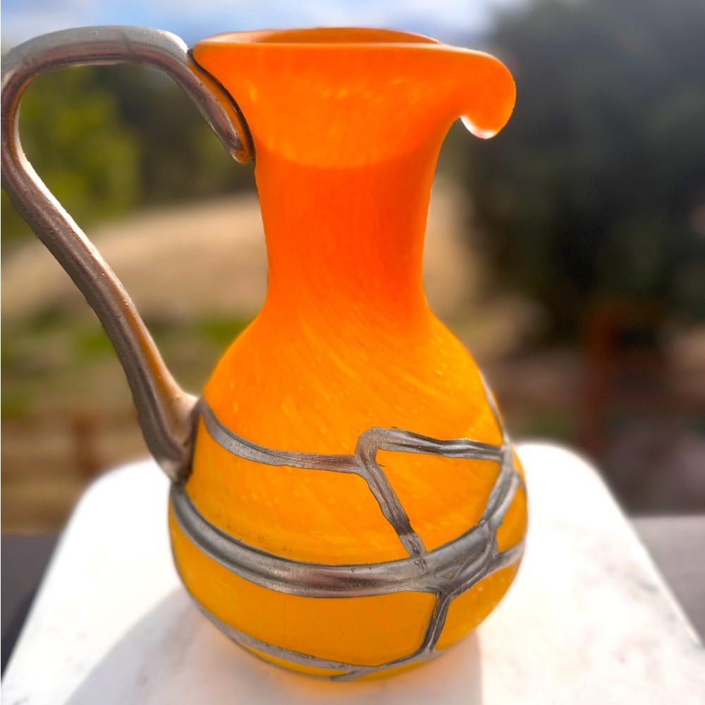 SOLD  Filip Ravert 10” Hand-Blown & Bronze Orange Pitcher Romania OneOfAKind
